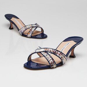 Manolo Blahnik Blue Patent Leather and Tweed Open Toe Kitten Heel Sandals